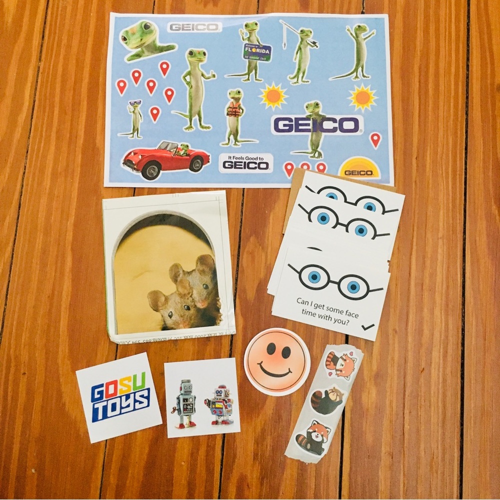 Variety of Novelty Stickers Robots Smiley Red Panda Mice in Hole Geico FL Etc